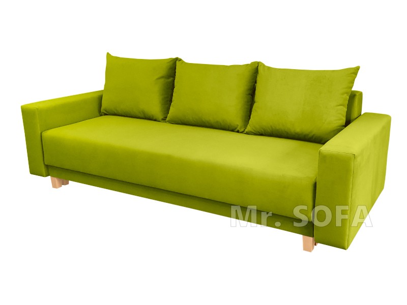 zielona kanapa na wysokich nóżkach